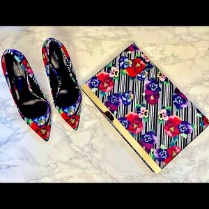 black & white striped floral pumps and clutch set